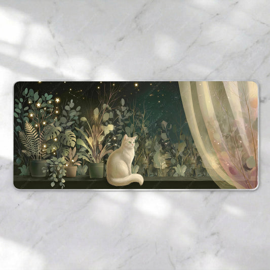 Cozy Cat and Plant Desk Mat, Botanical Night Sky Mousepad, Fairy Light XL Deskpad, Cottagecore Desk Decor, 4mm Thick White Edge Mat
