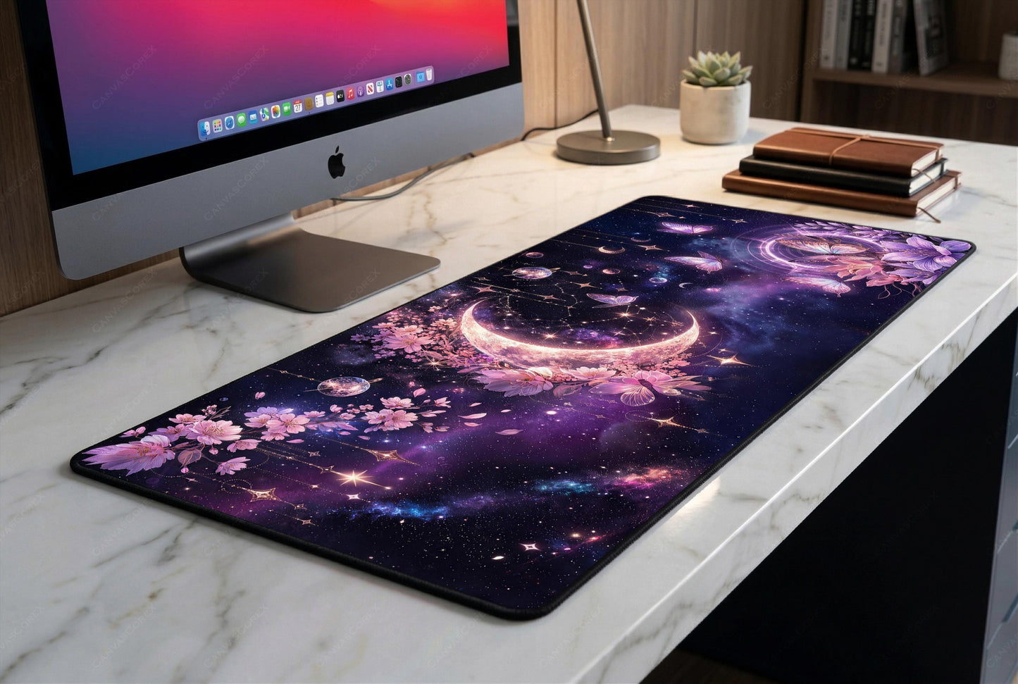 Celestial Moon Sakura Desk Mat, Purple Galaxy Butterfly Mousepad, XL Aesthetic Whimsigoth Deskpad, Magical Fantasy Gaming Mat, 4mm Thick