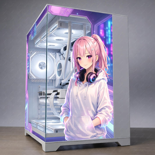 Anime Girl PC Case Skin – Cling Glass Skin – Tempered Glass Wrap – RGB Compatible – Cozy Gaming Setup Decor – Custom Size