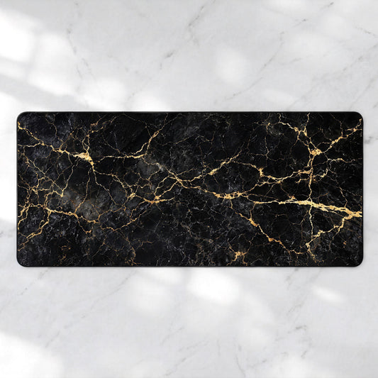 Luxury Black Marble Desk Mat, Gold Vein Kintsugi XL Mousepad, Minimalist Executive Deskpad, Dark Aesthetic Office Decor, Premium Thickness