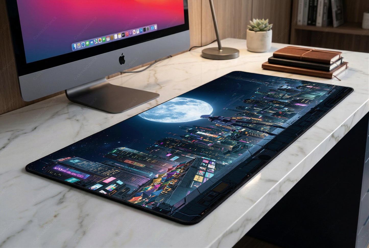 Cyberpunk Anime Desk Mat, Futuristic Night City Mousepad, Sci-Fi Giant Moon Deskpad, Neon Aesthetic XL Gaming Mat, Premium 4mm Thick