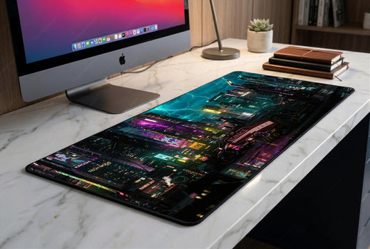Cyberpunk Night City Desk Mat, Neon Street Futuristic Car Mousepad, Sci-Fi Gaming XL Deskpad, Synthwave Aesthetic, 4mm Thick Pad