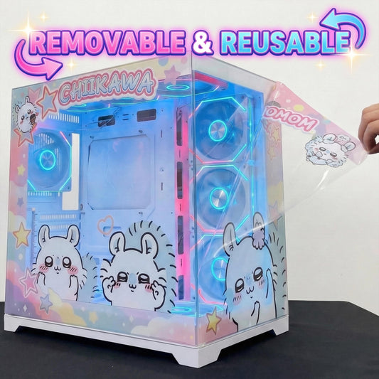 Kawaii Pastel Anime PC Case Wrap | Adhesive-Free Tempered Glass Skin
