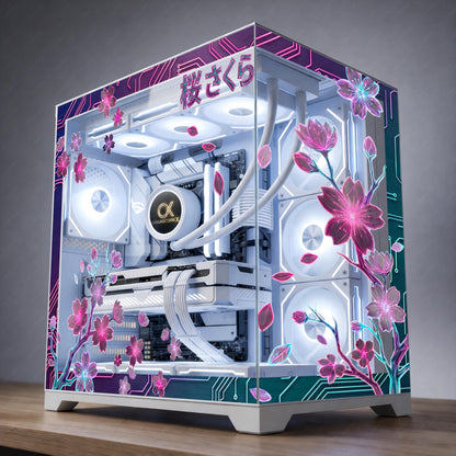 Neon Sakura PC Case Glass Skin | Cherry Blossom Static Cling for Glass Panel | Aesthetics Gaming Setup Decor | Custom Sizes