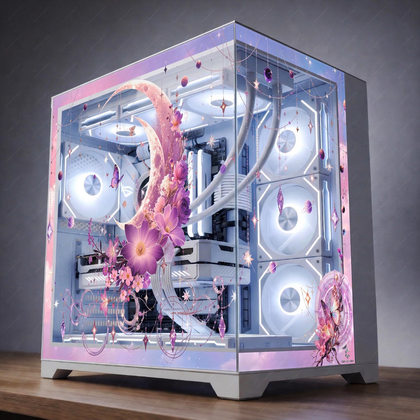 Celestial Moon & Purple Floral PC Case Skin - Magical Ethereal Static Cling Decal - Butterfly PC Decor - Reusable No-Residue Glass Wrap