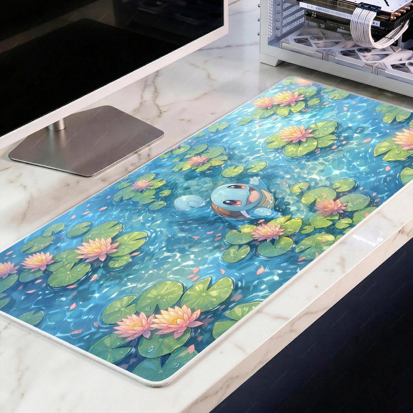 Kawaii Water Turtle Desk Mat, Lily Pad Pond Mousepad, Cute Anime XL Deskpad, Pastel Blue Cozy Gaming Mat, 4mm Thick, White Edge