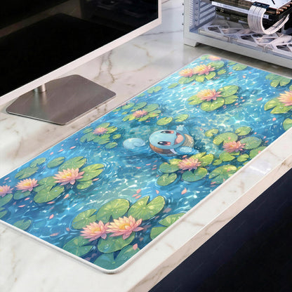 Kawaii Water Turtle Desk Mat, Lily Pad Pond Mousepad, Cute Anime XL Deskpad, Pastel Blue Cozy Gaming Mat, 4mm Thick, White Edge