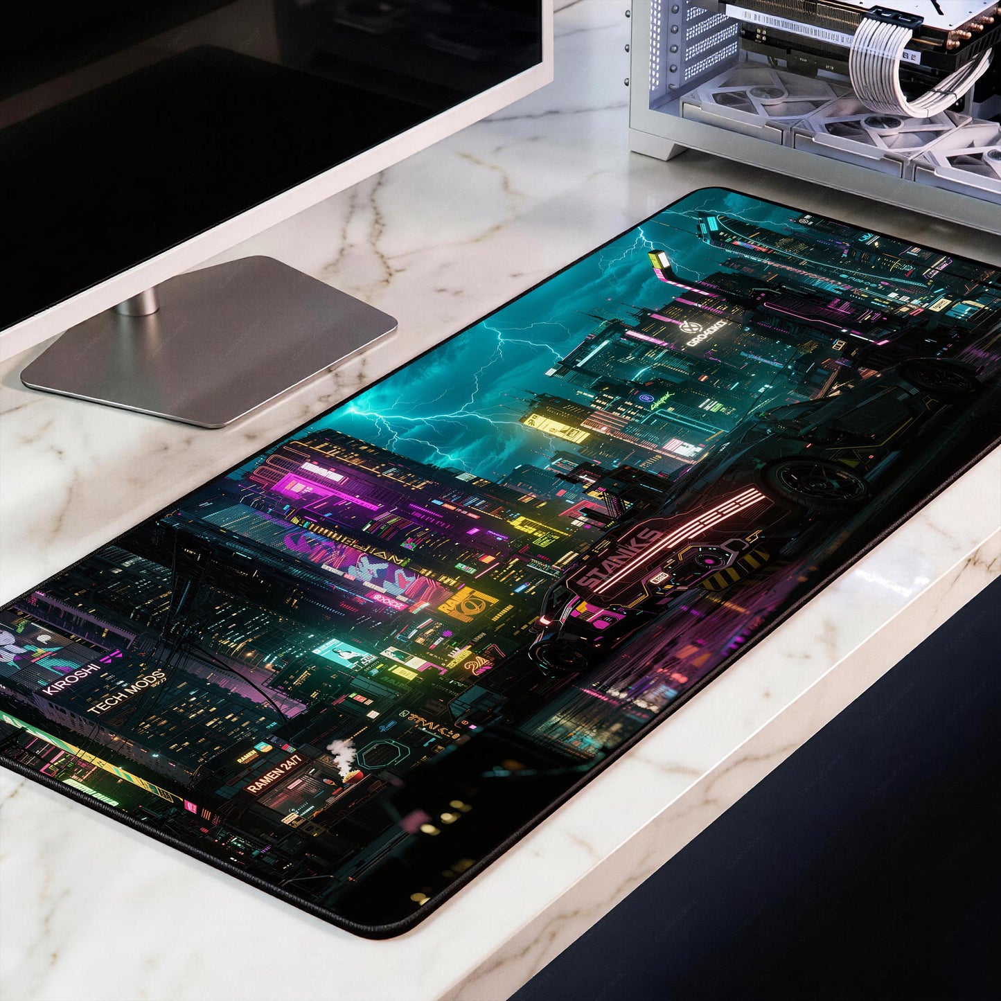 Cyberpunk Night City Desk Mat, Neon Street Futuristic Car Mousepad, Sci-Fi Gaming XL Deskpad, Synthwave Aesthetic, 4mm Thick Pad