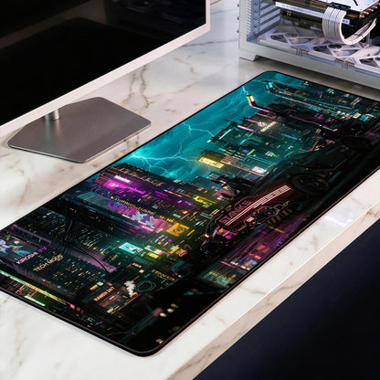 Cyberpunk Night City Desk Mat, Neon Street Futuristic Car Mousepad, Sci-Fi Gaming XL Deskpad, Synthwave Aesthetic, 4mm Thick Pad