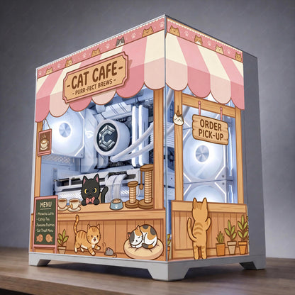 Cat Cafe PC Case Glass Skin - Kawaii Pink "Purr-fect Brews" Wrap for Hyte Y70 & Custom Cases - High-Quality Decal - Anime Gaming Aesthetic