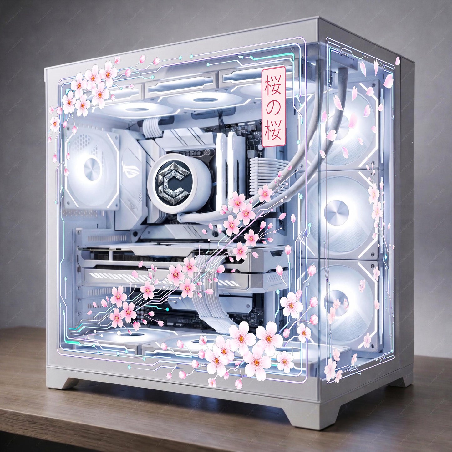 Cyber Sakura PC Case Skin | Cherry Blossom Static Cling for Glass Panel | Anime Gaming Setup Decor | Custom Sizes