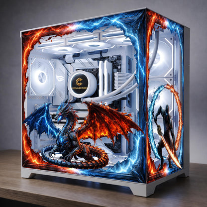 Fire and Ice Dragon PC Case Skin – Static Cling Glass Skin – Tempered Glass Wrap – RGB Compatible – Fantasy Gaming Setup – Custom Size
