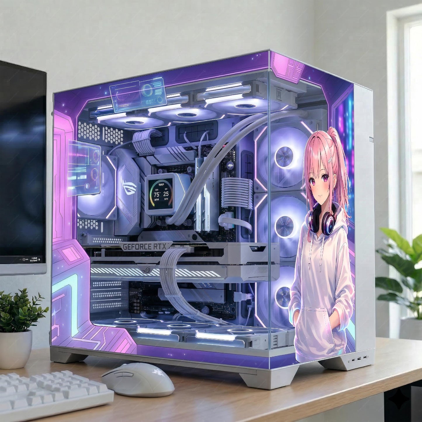 Anime Girl PC Case Skin – Cling Glass Skin – Tempered Glass Wrap – RGB Compatible – Cozy Gaming Setup Decor – Custom Size