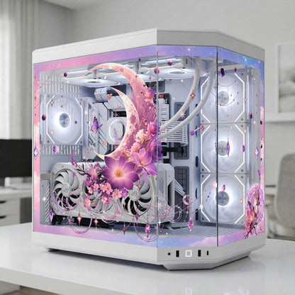Celestial Moon & Purple Floral PC Case Skin - Magical Ethereal Static Cling Decal - Butterfly PC Decor - Reusable No-Residue Glass Wrap
