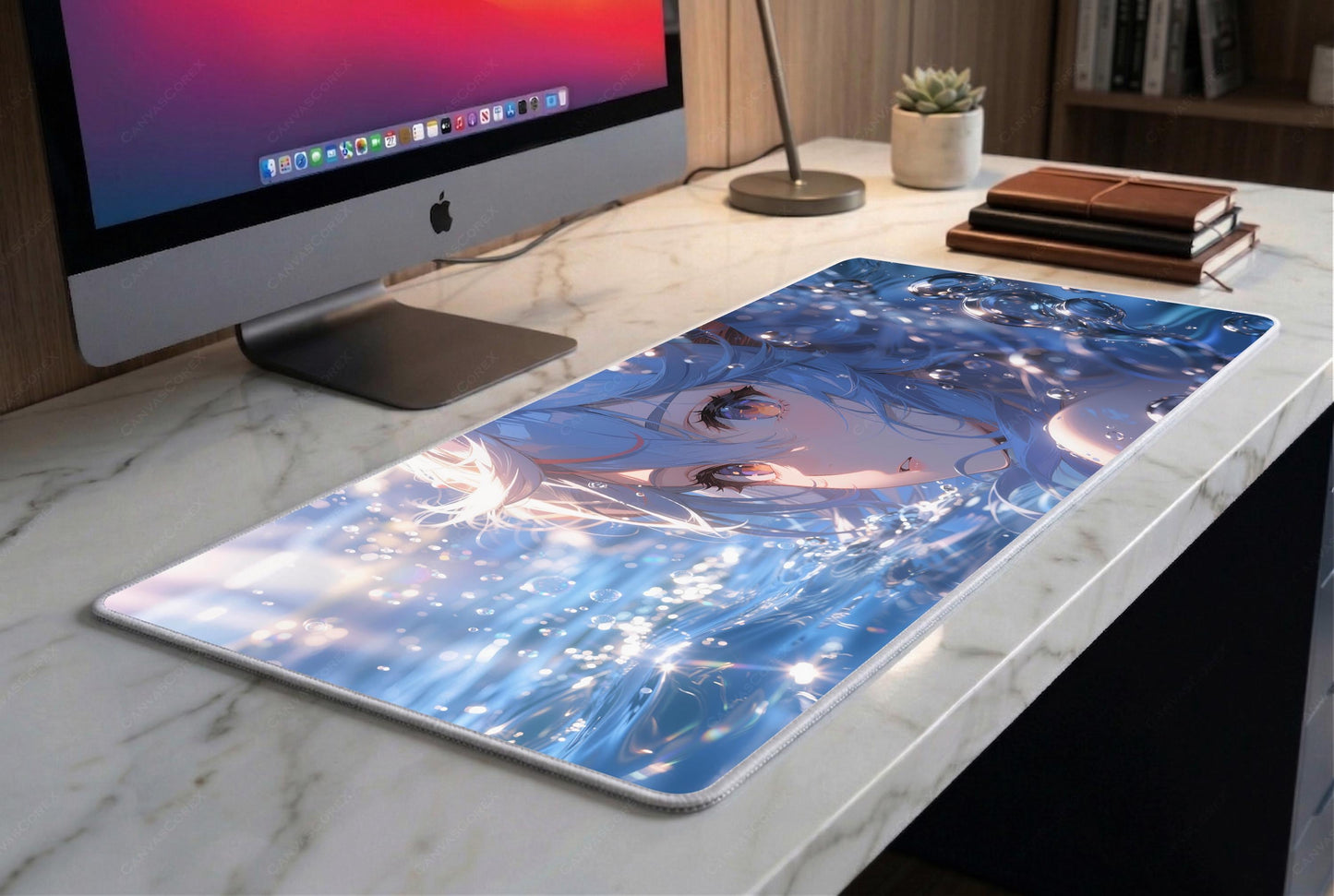 Sparkling Anime Water Girl Desk Mat, Blue Ocean Aesthetic Mousepad, Kawaii Hydro XL Gaming Deskpad, Premium 4mm Thick