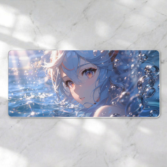 Sparkling Anime Water Girl Desk Mat, Blue Ocean Aesthetic Mousepad, Kawaii Hydro XL Gaming Deskpad, Premium 4mm Thick
