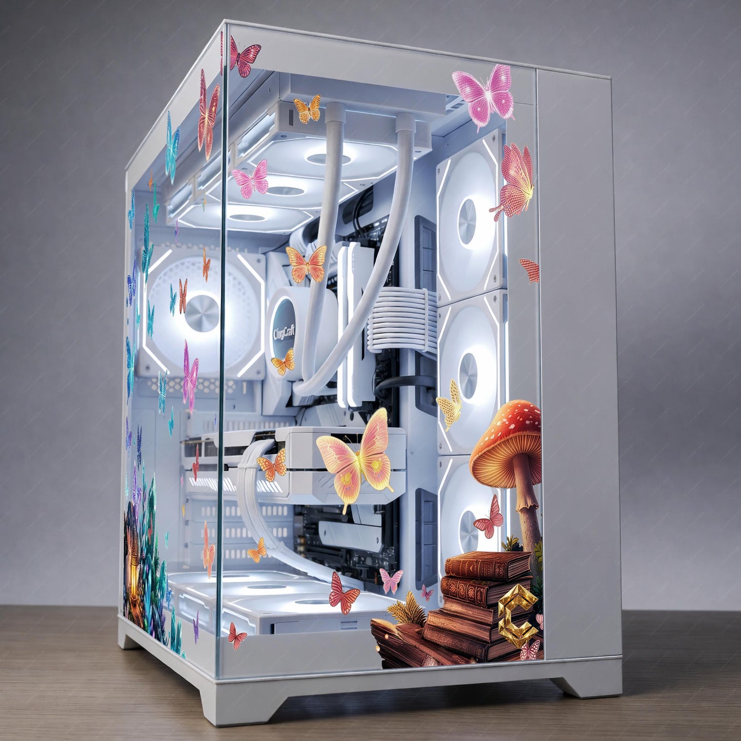 Whimsical Butterfly PC Case Skin - Magical Forest Static Cling Decal - Custom Gaming PC Aesthetic - Reusable No-Residue Glass Wrap