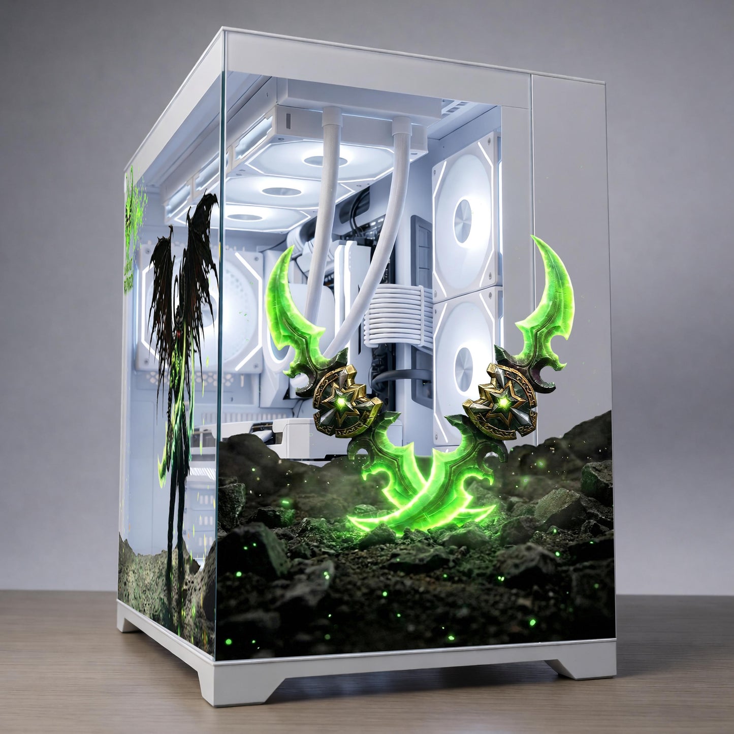 Illidan PC Case Skin – Static Cling Glass Skin – Tempered Glass Wrap – Demon Hunter Gaming Setup – Custom Size