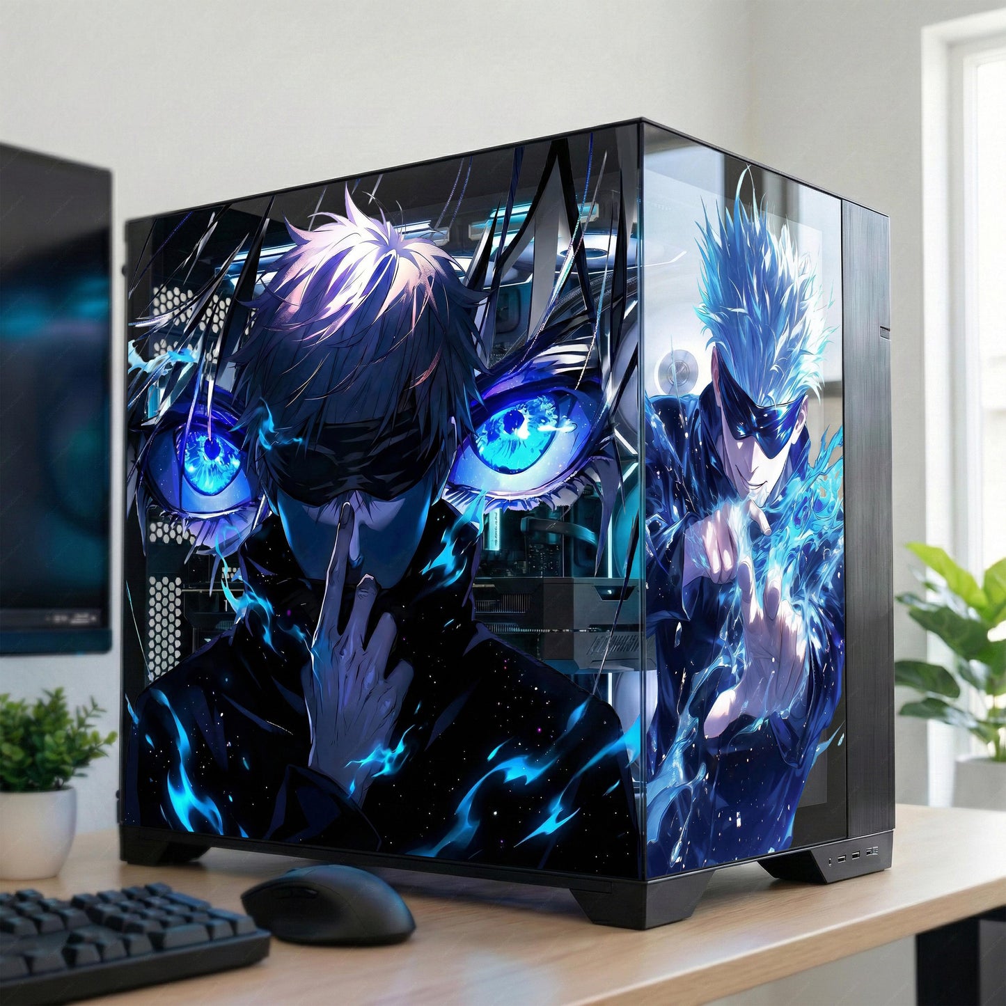 Mystic Sorcerer Anime-Style PC Case Glass Panel Skin | Custom Cling Decal | Purple Energy Aura Gaming PC Mod | Reusable No-Residue Film