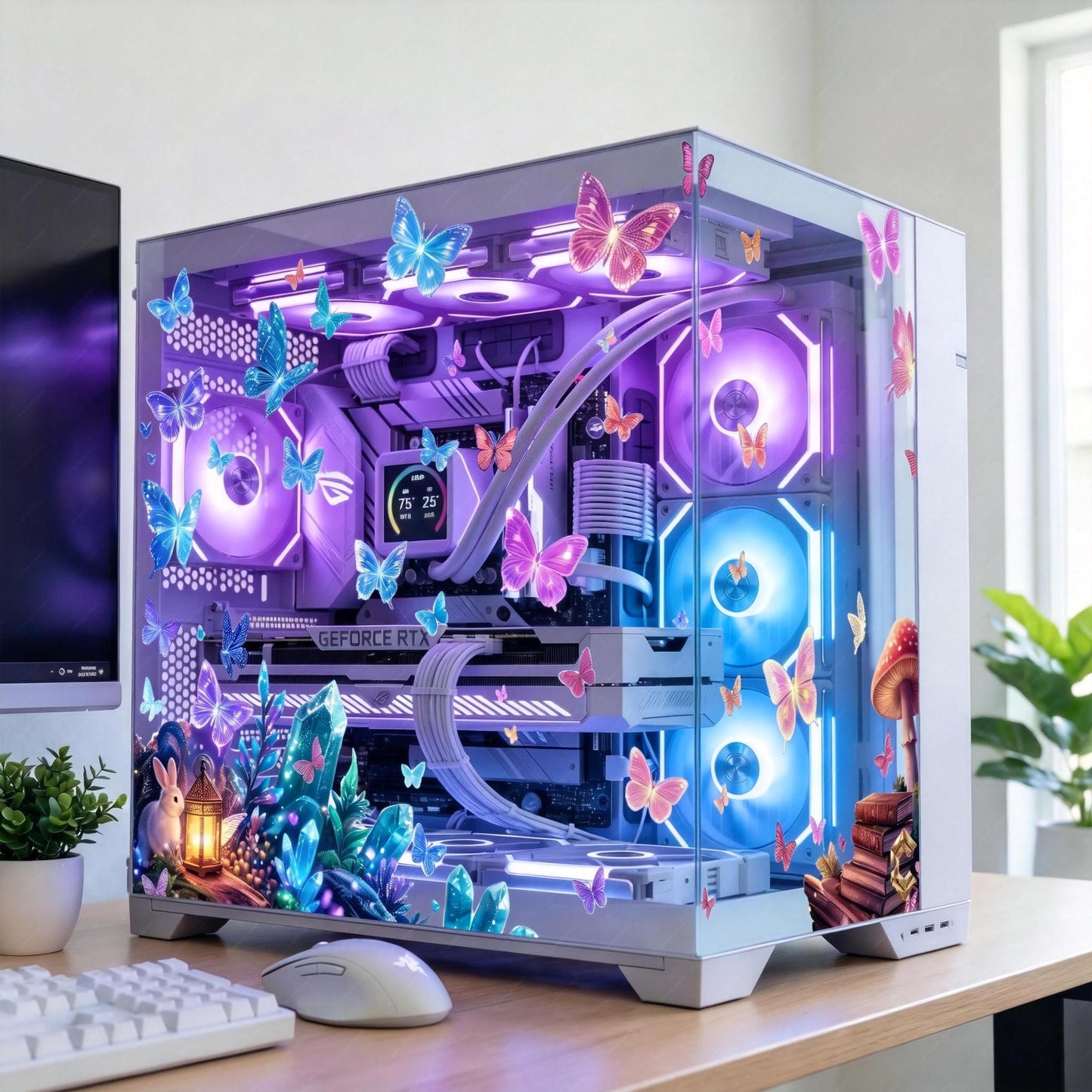 Whimsical Butterfly PC Case Skin - Magical Forest Static Cling Decal - Custom Gaming PC Aesthetic - Reusable No-Residue Glass Wrap