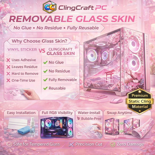 Cyber Sakura PC Case Skin | Cherry Blossom Static Cling for Glass Panel | Anime Gaming Setup Decor | Custom Sizes