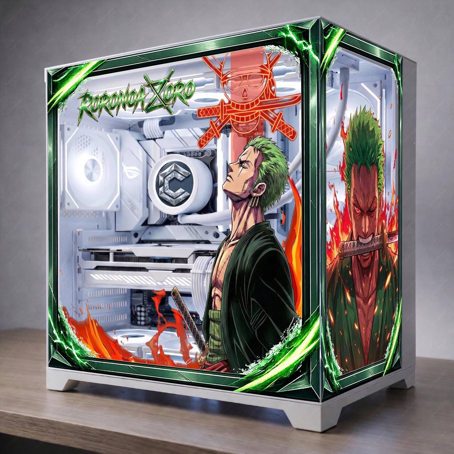 Roronoa Zoro One Piece PC Case Skin - Anime Static Cling Decal for Lian Li O11 Hyte Y70 Y60 - Reusable No-Residue Glass Wrap