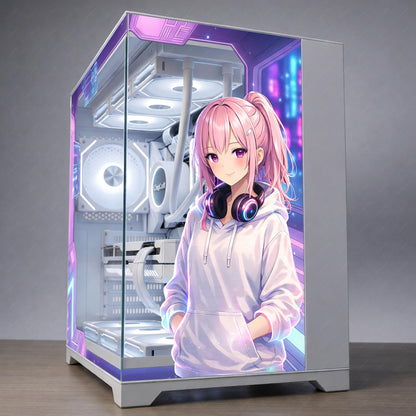 Anime Girl PC Case Skin – Cling Glass Skin – Tempered Glass Wrap – RGB Compatible – Cozy Gaming Setup Decor – Custom Size