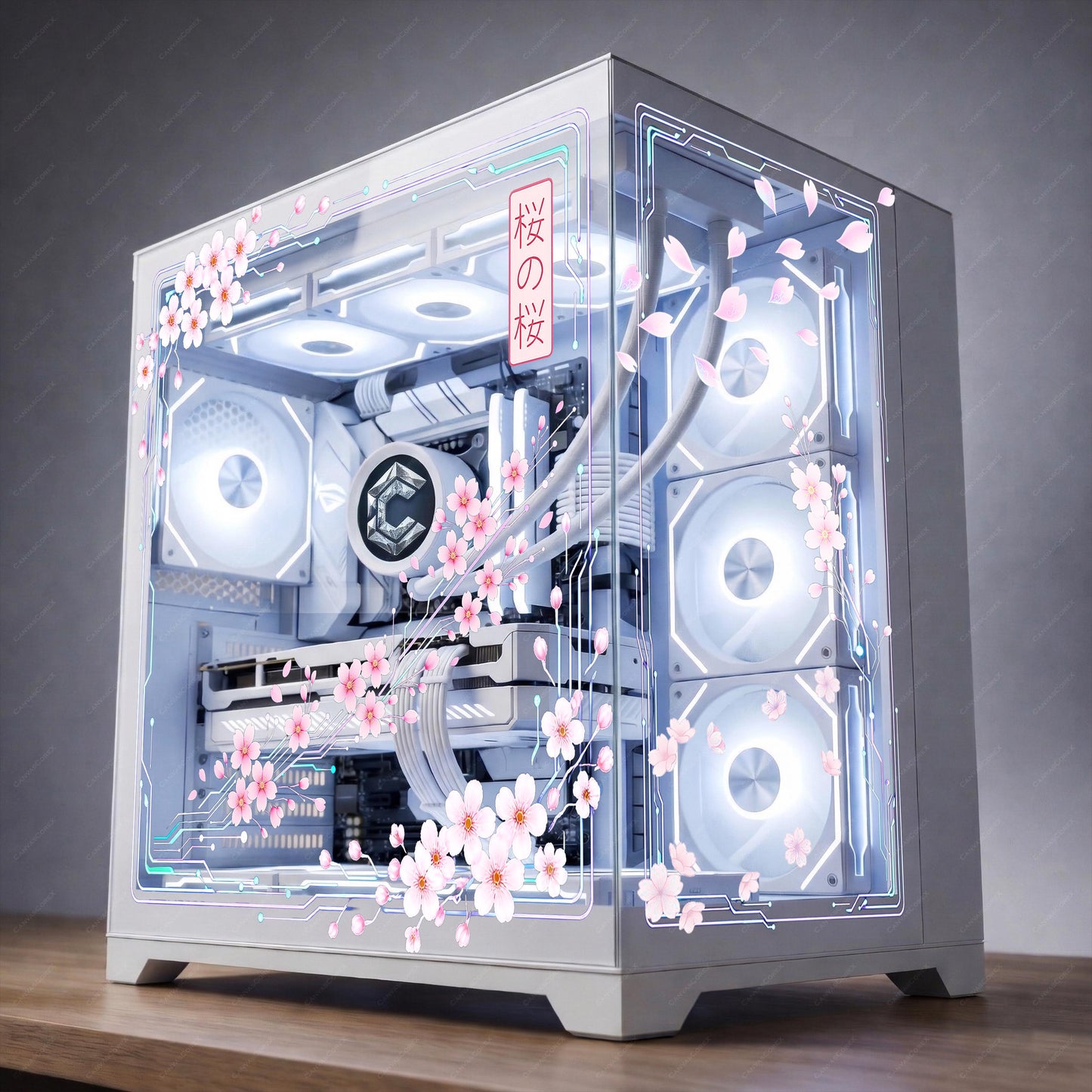 Cyber Sakura PC Case Skin | Cherry Blossom Static Cling for Glass Panel | Anime Gaming Setup Decor | Custom Sizes
