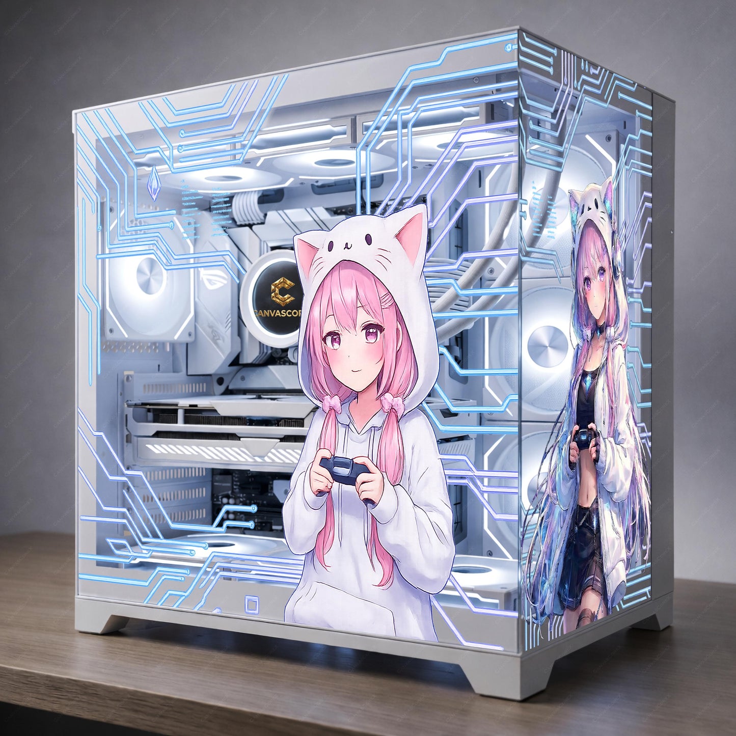 Kawaii Anime Gamer Girl PC Case Skin – Static Cling Glass Skin – Tempered Glass Wrap – RGB Setup Decor – Custom Size