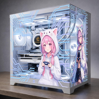 Kawaii Anime Gamer Girl PC Case Skin – Static Cling Glass Skin – Tempered Glass Wrap – RGB Setup Decor – Custom Size