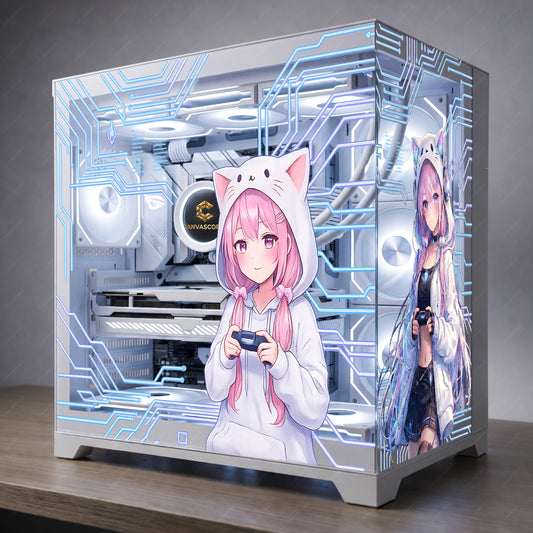 Kawaii Anime Gamer Girl PC Case Skin – Static Cling Glass Skin – Tempered Glass Wrap – RGB Setup Decor – Custom Size