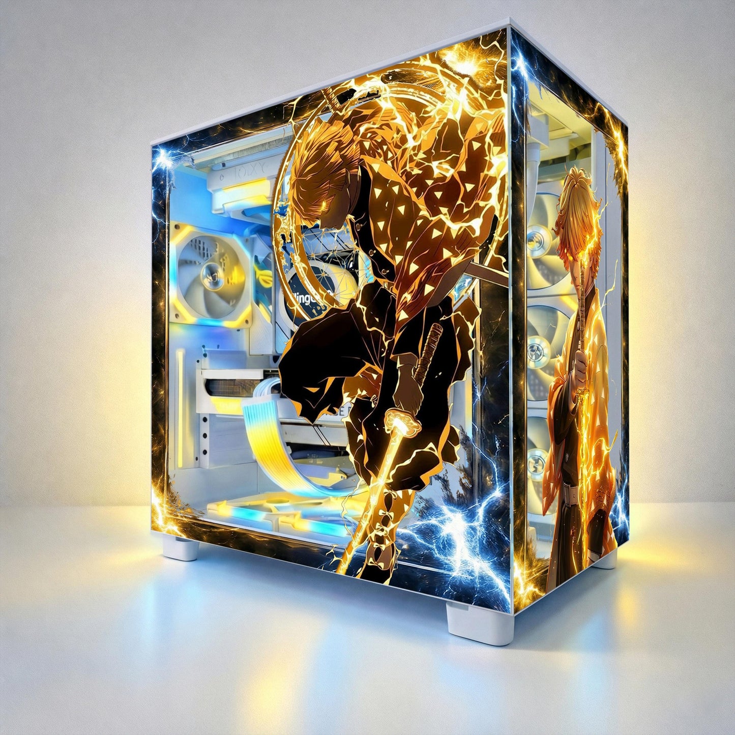 Zenitsu Anime PC Case Skin – Static Cling Glass Skin – Tempered Glass Wrap – RGB Compatible – Demon Slayer Gaming Setup – Custom Size