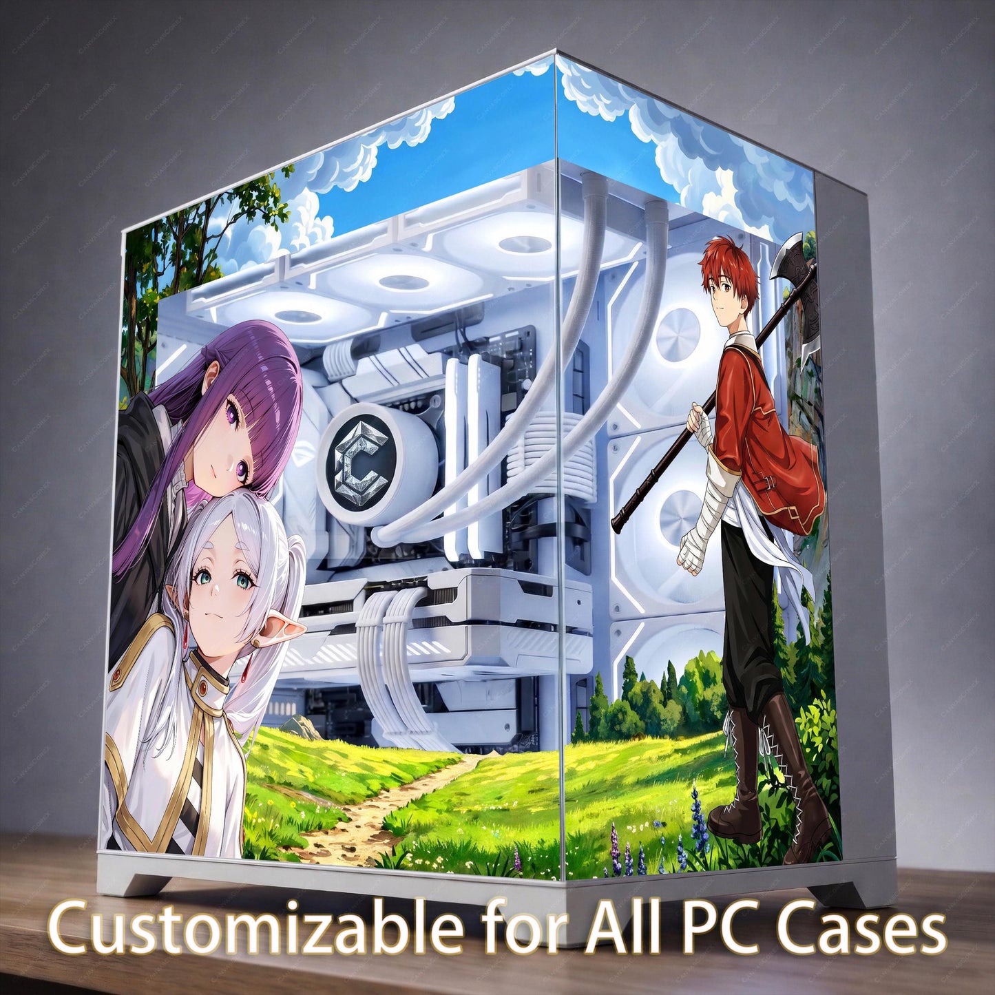 Frieren Anime PC Case Skin - Custom Fit For ANY PC - Cozy Fantasy Gaming Setup Decor - Reusable Static Cling Decal - Nature Glass Wrap