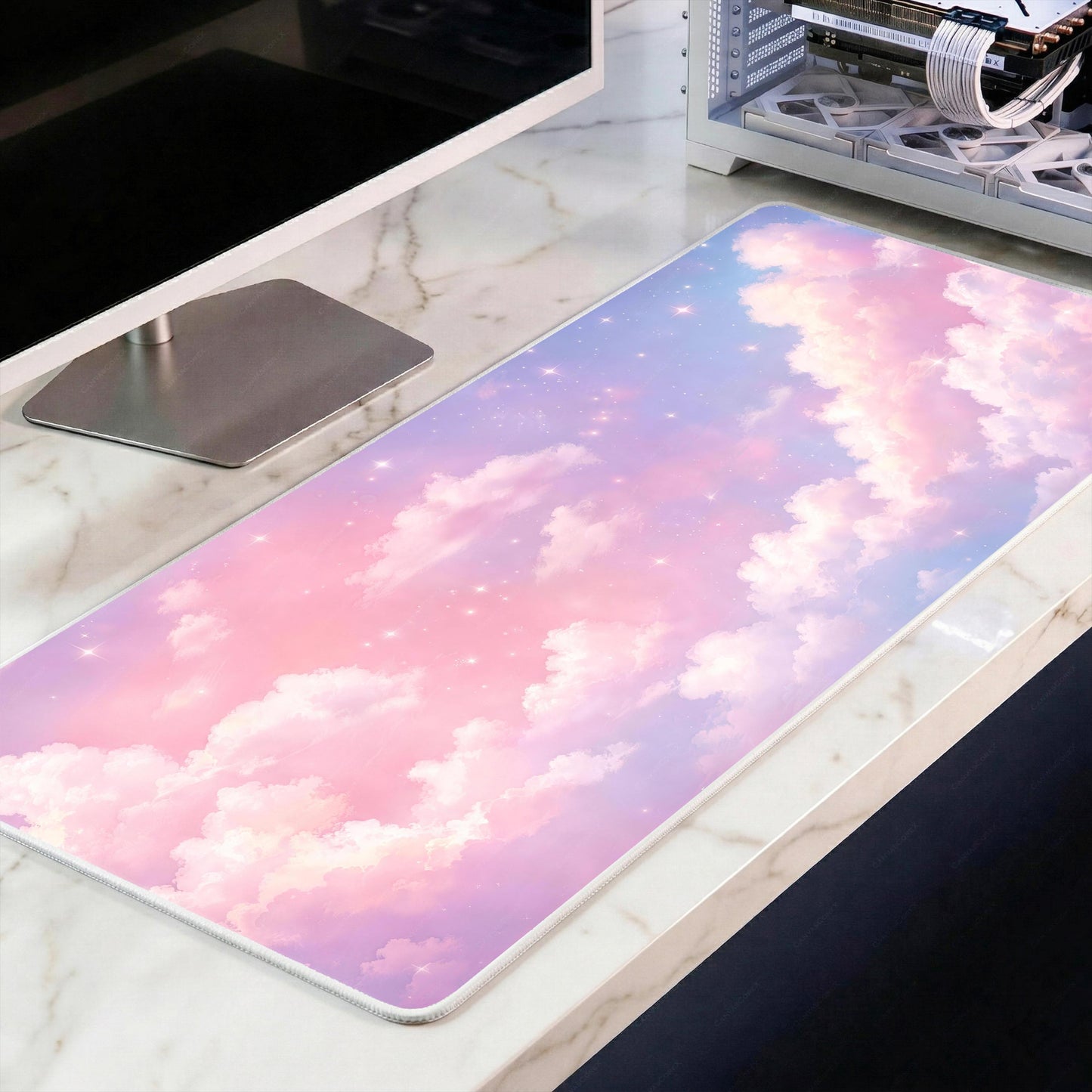 Pink Cloud Aesthetic Desk Mat, Dreamy Pastel Sky Mousepad, Kawaii Purple Sunset Deskpad, Premium 4mm XL Gaming Mat