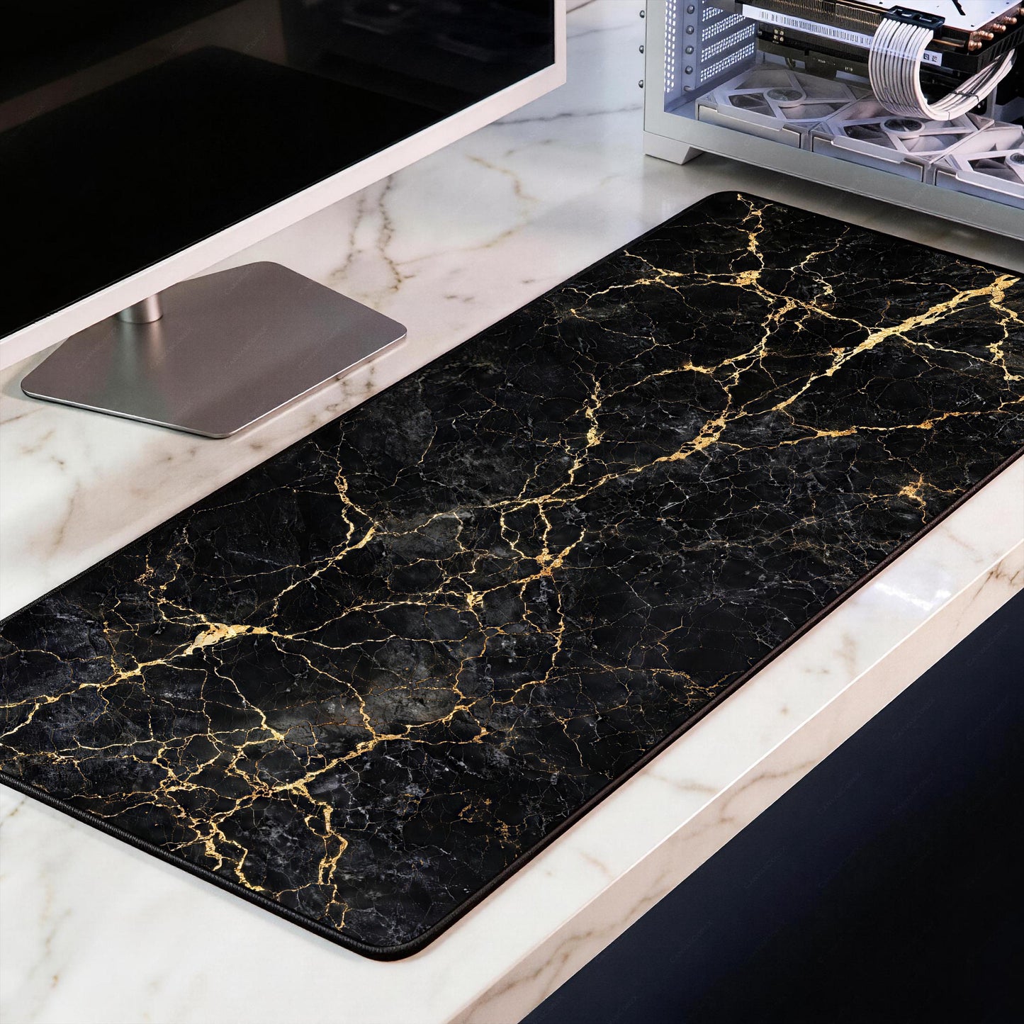 Luxury Black Marble Desk Mat, Gold Vein Kintsugi XL Mousepad, Minimalist Executive Deskpad, Dark Aesthetic Office Decor, Premium Thickness