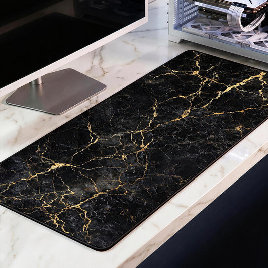 Luxury Black Marble Desk Mat, Gold Vein Kintsugi XL Mousepad, Minimalist Executive Deskpad, Dark Aesthetic Office Decor, Premium Thickness