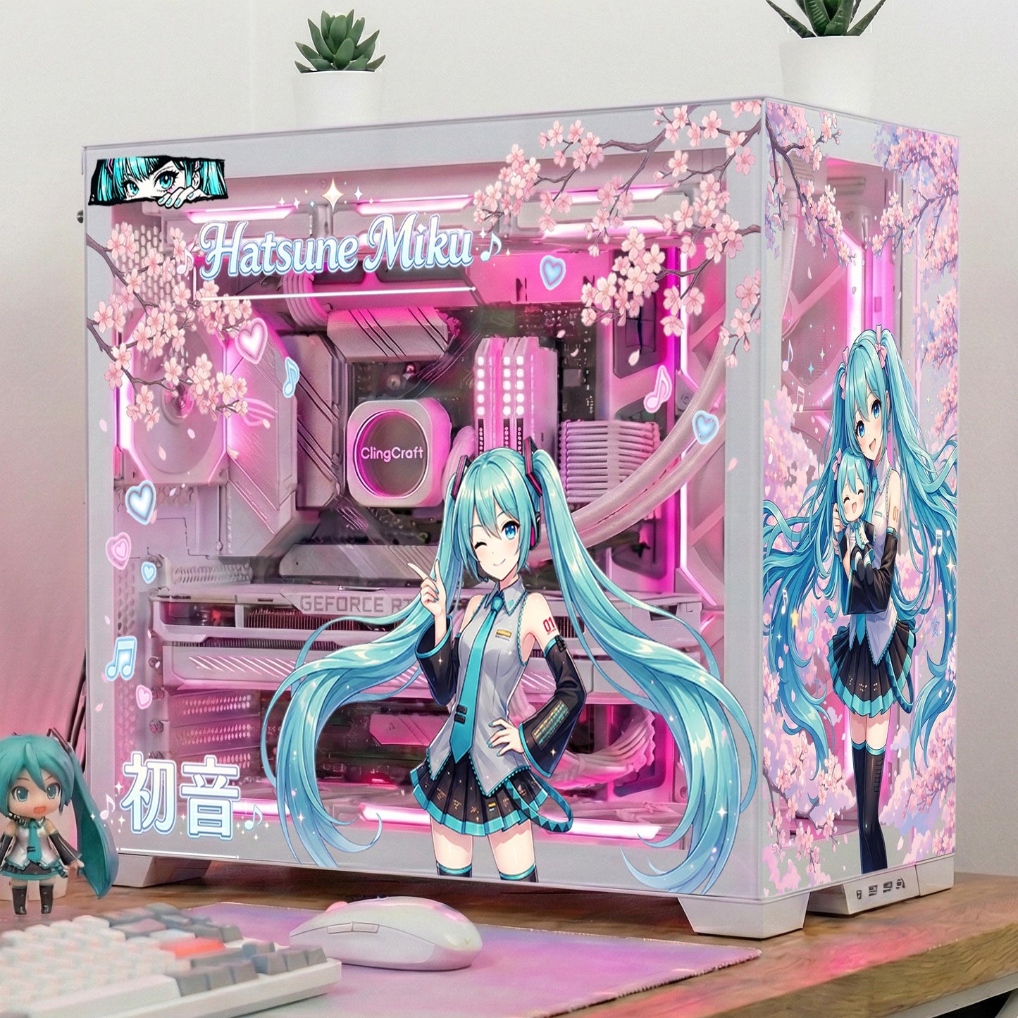 Hatsune Miku PC Case Skin – Static Cling Glass Skin – Tempered Glass Wrap – RGB Compatible – Kawaii Anime Gaming Setup – Custom Size