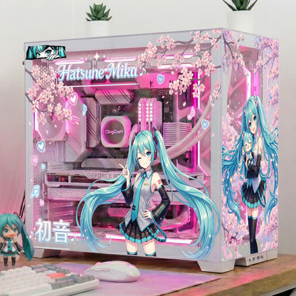 Hatsune Miku PC Case Skin – Static Cling Glass Skin – Tempered Glass Wrap – RGB Compatible – Kawaii Anime Gaming Setup – Custom Size