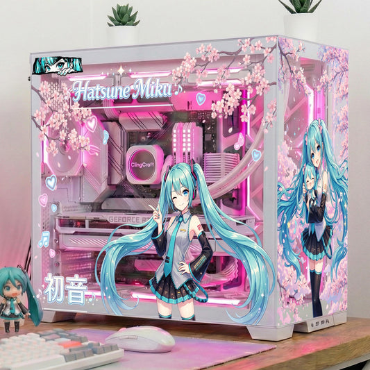 Hatsune Miku PC Case Skin – Static Cling Glass Skin – Tempered Glass Wrap – RGB Compatible – Kawaii Anime Gaming Setup – Custom Size