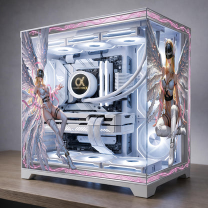 Angel PC Tempered Glass Skin | Anime Gamer Girl PC Decal | Reusable Custom PC Case Sticker | White Pink Setup