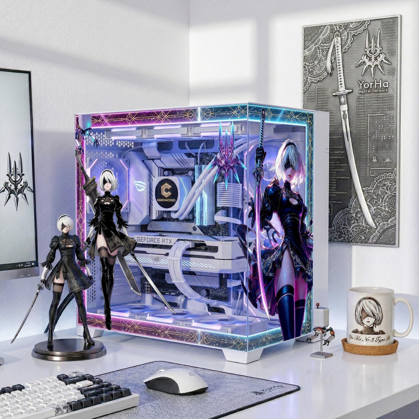 NieR Automata 2B PC Case Skin - Yorha Android Static Cling Decal - Cyberpunk Gaming PC Decor - Reusable No-Residue Glass Wrap - Anime PC Mod