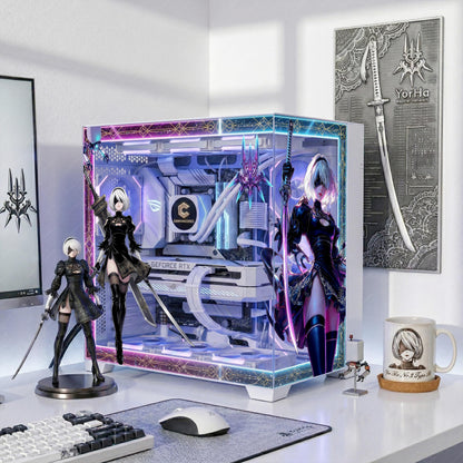 NieR Automata 2B PC Case Skin - Yorha Android Static Cling Decal - Cyberpunk Gaming PC Decor - Reusable No-Residue Glass Wrap - Anime PC Mod