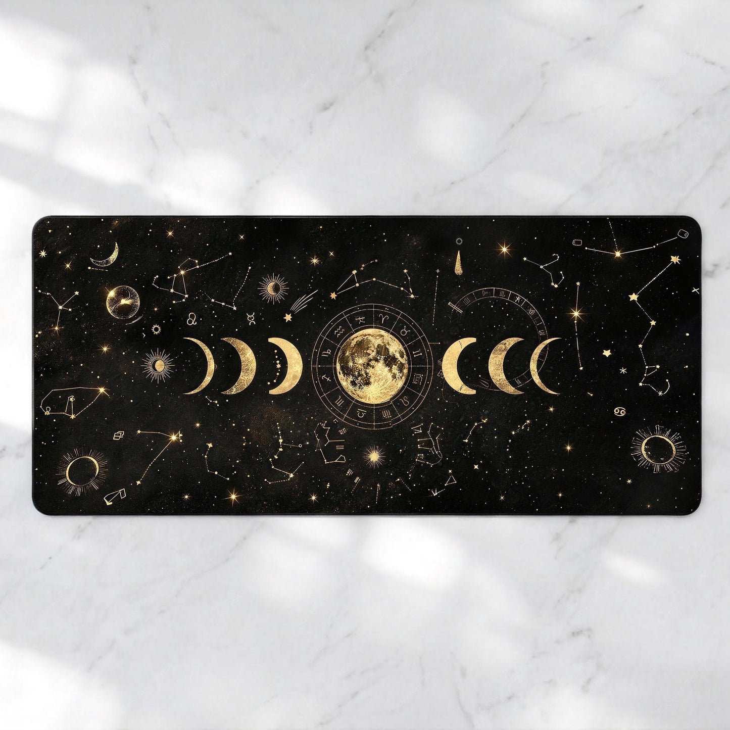 Gold Moon Phase Desk Mat, Celestial Astrology XL Mousepad, Zodiac Wheel Gaming Mat, Dark Academia Deskpad, 4mm Thick, Free US Shipping