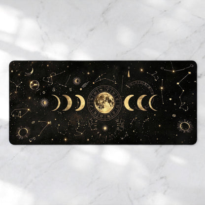 Gold Moon Phase Desk Mat, Celestial Astrology XL Mousepad, Zodiac Wheel Gaming Mat, Dark Academia Deskpad, 4mm Thick, Free US Shipping