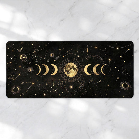 Gold Moon Phase Desk Mat, Celestial Astrology XL Mousepad, Zodiac Wheel Gaming Mat, Dark Academia Deskpad, 4mm Thick, Free US Shipping