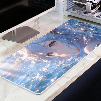 Sparkling Anime Water Girl Desk Mat, Blue Ocean Aesthetic Mousepad, Kawaii Hydro XL Gaming Deskpad, Premium 4mm Thick