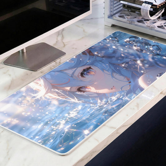 Sparkling Anime Water Girl Desk Mat, Blue Ocean Aesthetic Mousepad, Kawaii Hydro XL Gaming Deskpad, Premium 4mm Thick