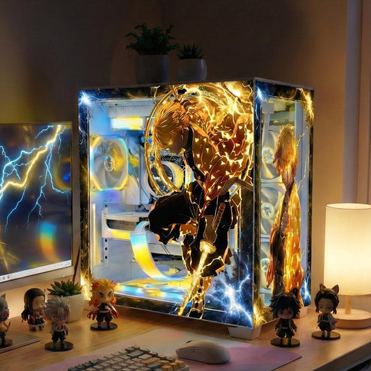 Zenitsu Anime PC Case Skin – Static Cling Glass Skin – Tempered Glass Wrap – RGB Compatible – Demon Slayer Gaming Setup – Custom Size