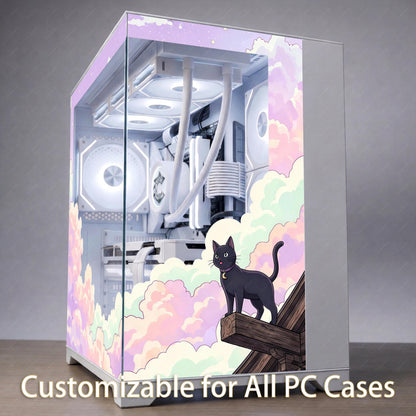 Cozy Pastel Cloud PC Case Skin - Black Cat Anime Gaming Desk Decor - Custom Fit For ANY PC - Reusable Kawaii Static Cling Decal Glass Wrap