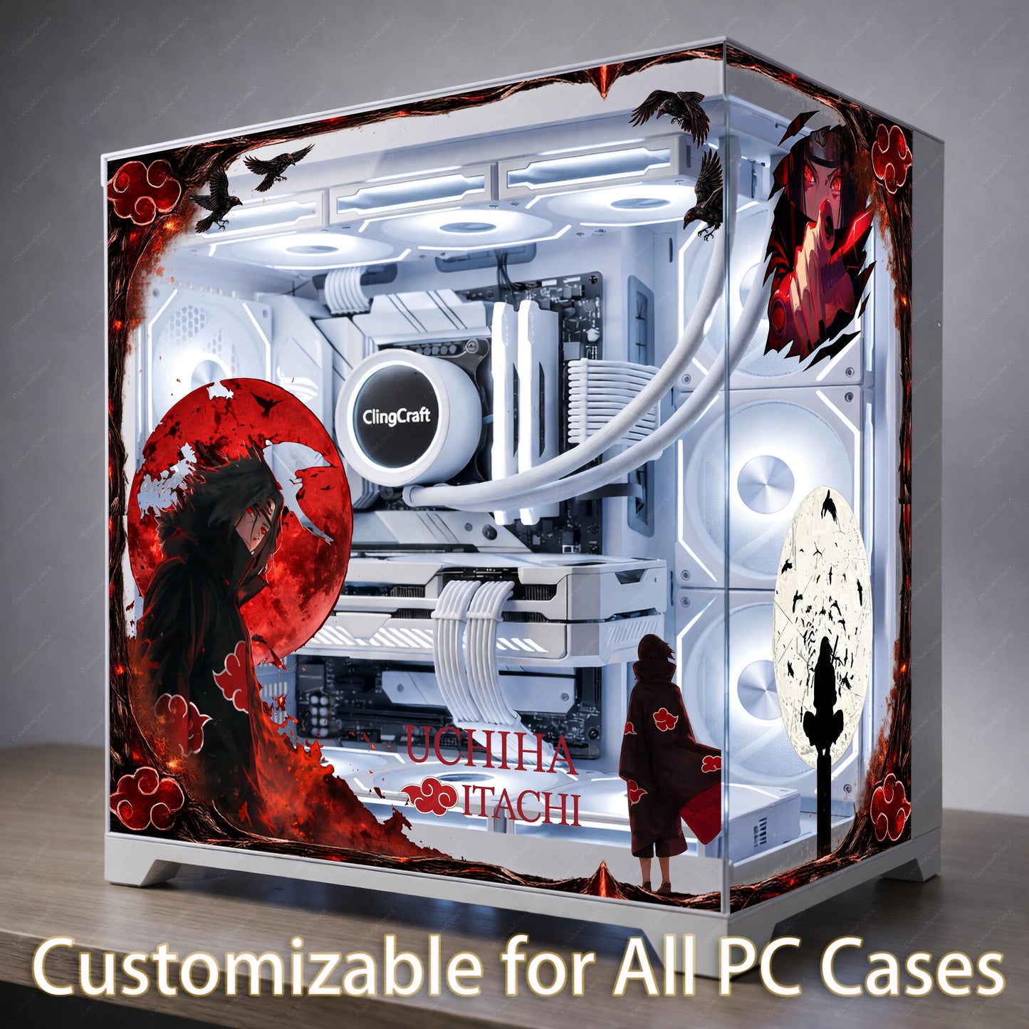 Rogue Ninja Raven PC Skin | Red Moon Anime Aesthetic | Dark Fantasy Static Cling | Black and Red Gaming Setup | Custom Glass Decal